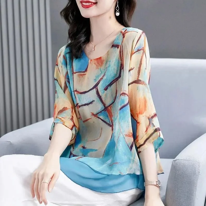 Women Spring Summer Style Chiffon Blouses Shirts Lady Casual Three Quartz Sleeve O-Neck Printed Loose Blusas Tops