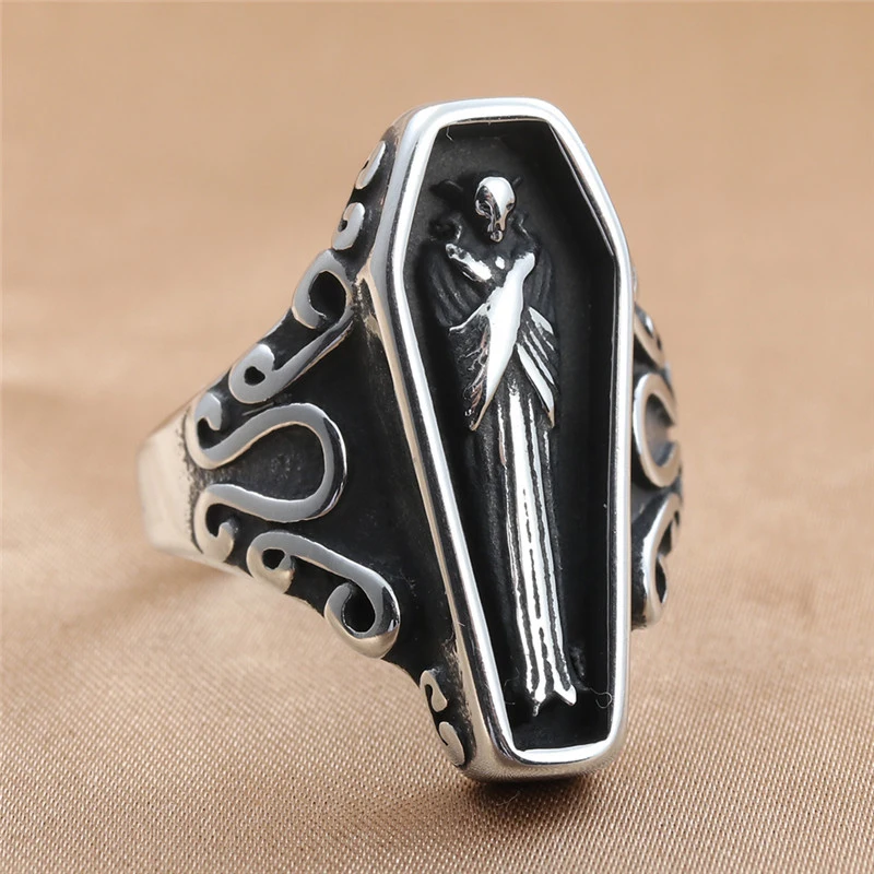 

Gothic Mummy Vampire Coffin Rings for Men Stainless Steel Women Jewelry Punk Rock Cool Stuff Fashion Accessories Gift Wholesale