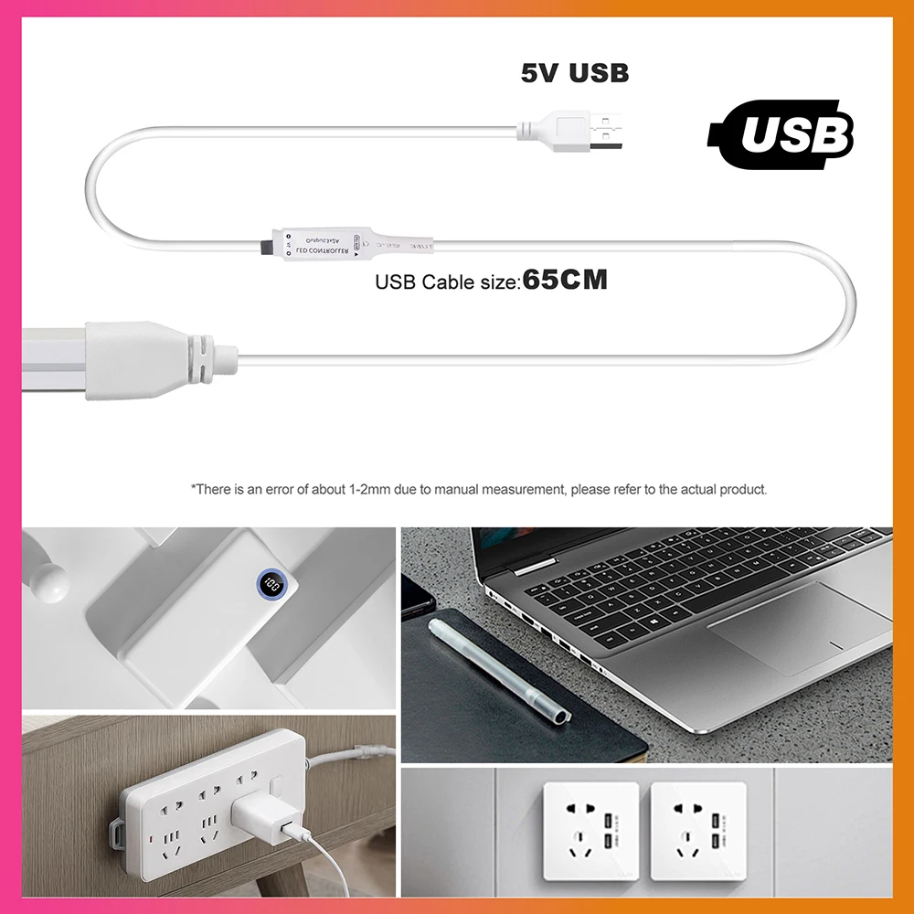 USB RGB 네온 LED 스트립 조명, 유연한 테이프, 크리스마스 로프 조명, TV 홈 장식, 24 키 리모컨, 108LED/M, DC 5V, 1M, 2M, 5M