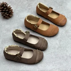 Japanese  Korean Style Retro Princess Cowhide Mary Jane Shoes Flat Real Leather Shoes Summer Pumps