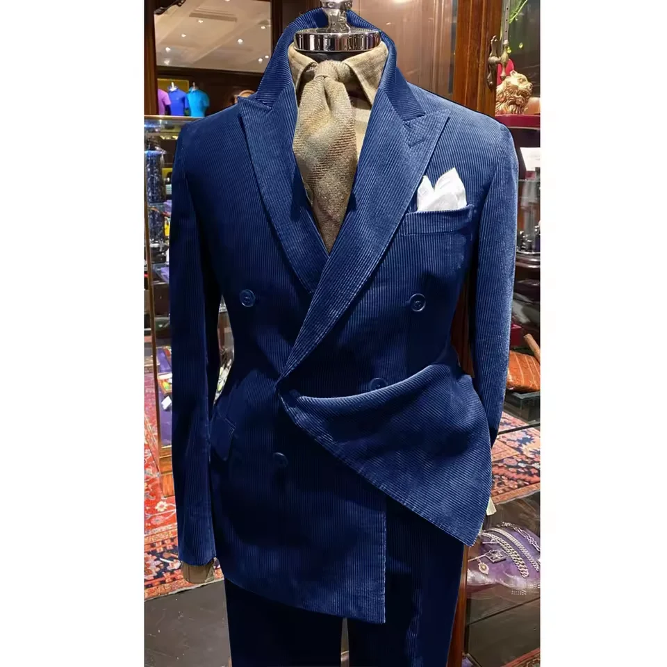 New Men's Corduroy Grass Green Suit Two-piece Solid Color Business Casual Suit Suit Pant Sets Blazers Man Suite Costumes Elegant
