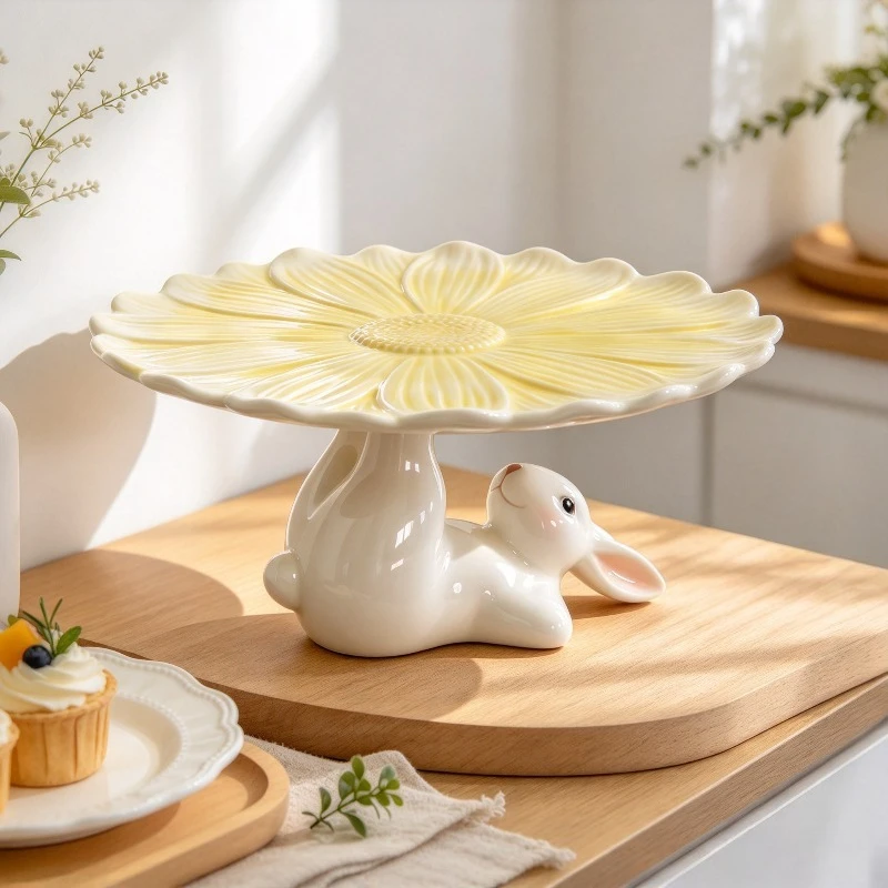 European Rabbit Ceramic Cake Stand, 10.5 inches Hand-painted Floral Dessert Plate, Large Footed Serving Trays for Holiday Party.