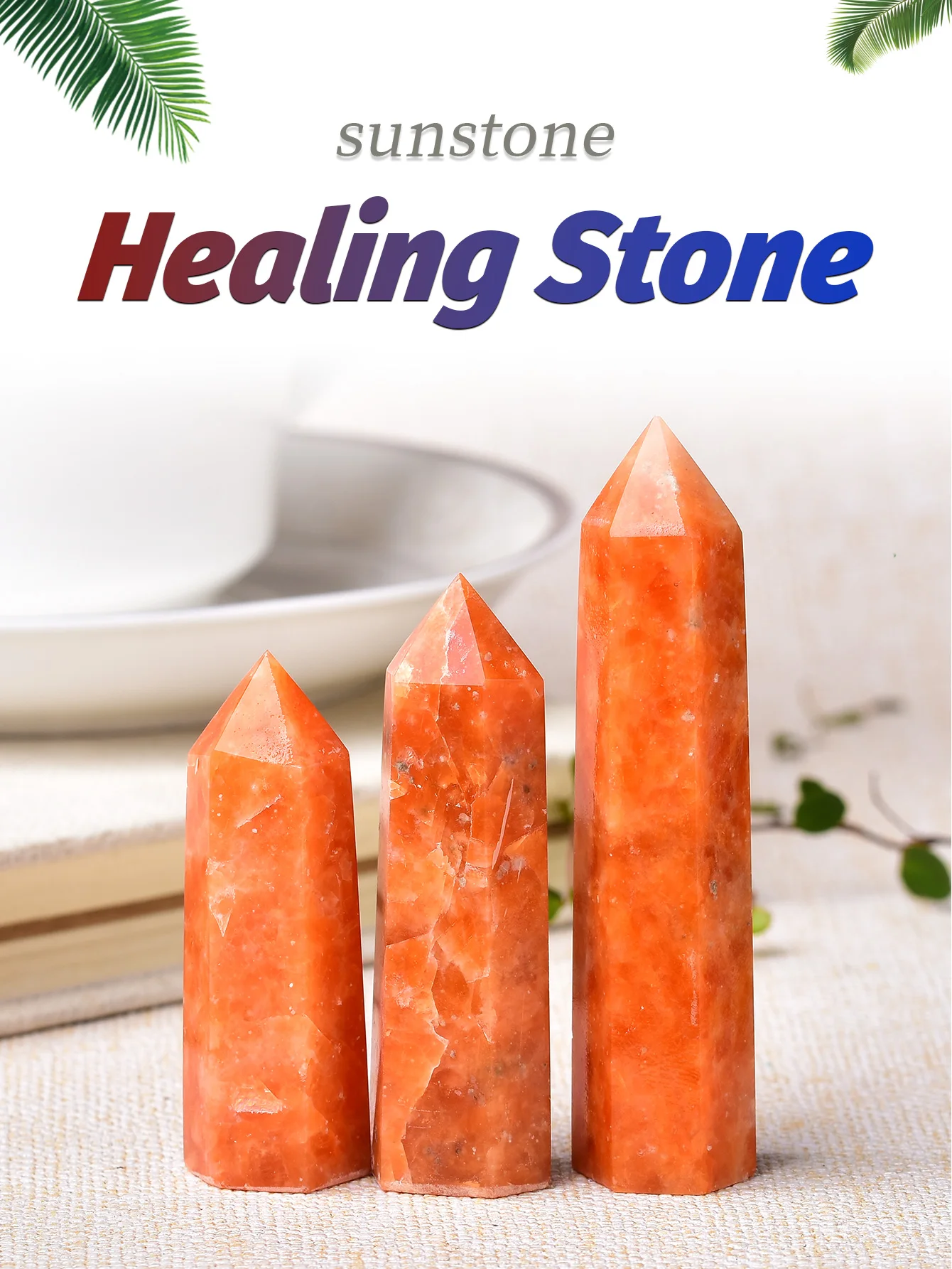 1pc Natural Crystal Point Sunstone Healing Stone Quartz Tower Orange Wand Ornament for Home Decor Reiki Energy Stone Pyramid