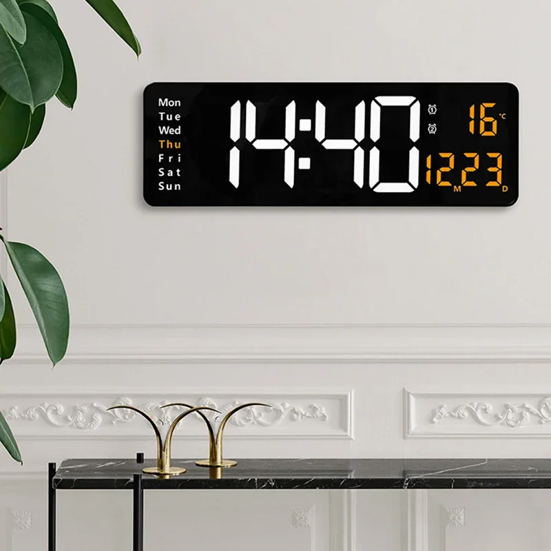 Large Electronic Wall Clock Remote Control Temp Date Week Display Dual Alarms Wall-mounted 12/24H LED Alarm Clock for Home Decor