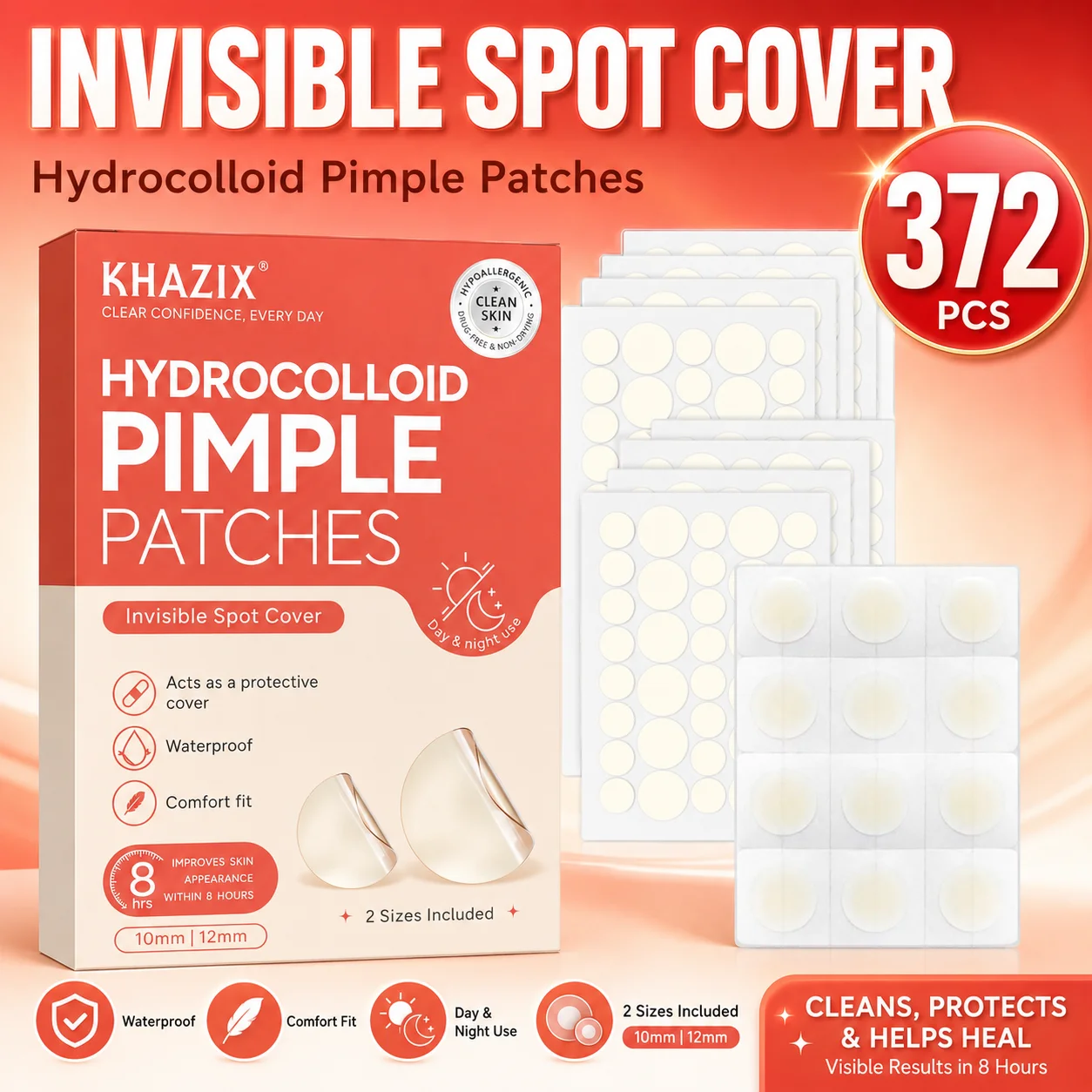 372Pcs Gentle Hydrocolloid Facial Patches, Yellow & Clear Shades, Invisible Skin Care Stickers, Waterproof, Day & Night Use