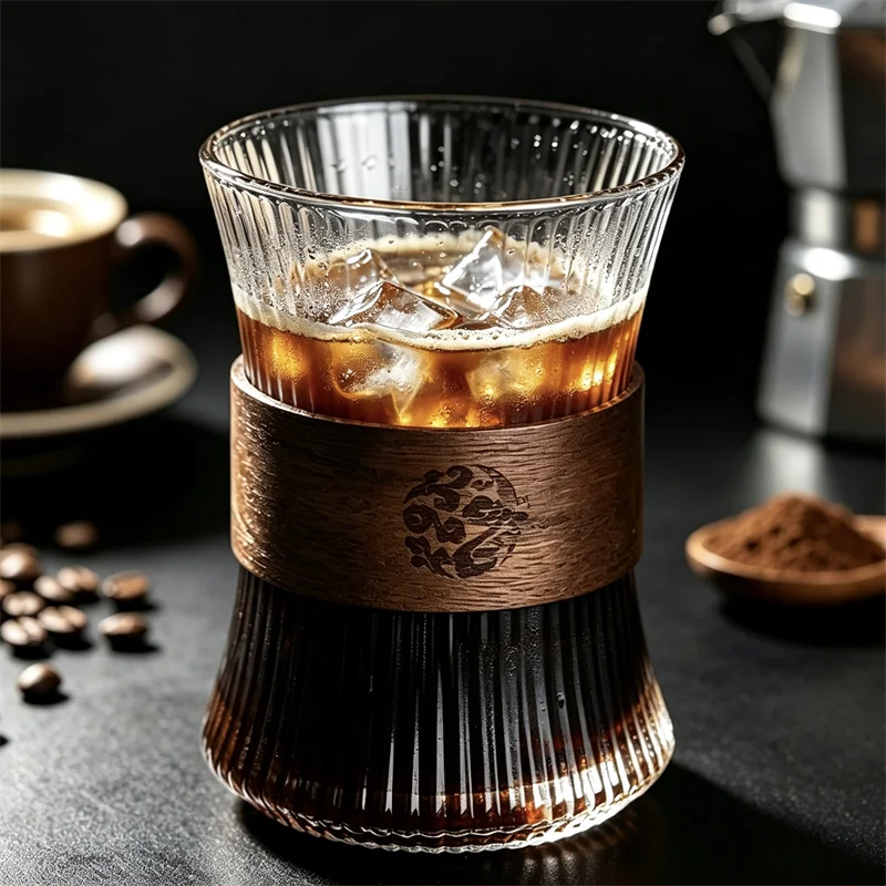 260ml Vertical Striped Glass Coffee Cup with Wood Sleeve Insulated Iced Americano Mug Glass Tumbler for Cold Brew Latte Home Caf