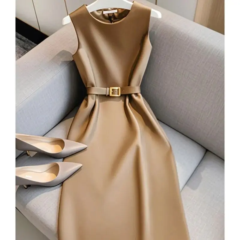 Elegant Women\'s Formal Dress With Belt Summer New Fashion Solid Color O-Neck Sleeveless High Waist OL Midi Party Vestidos