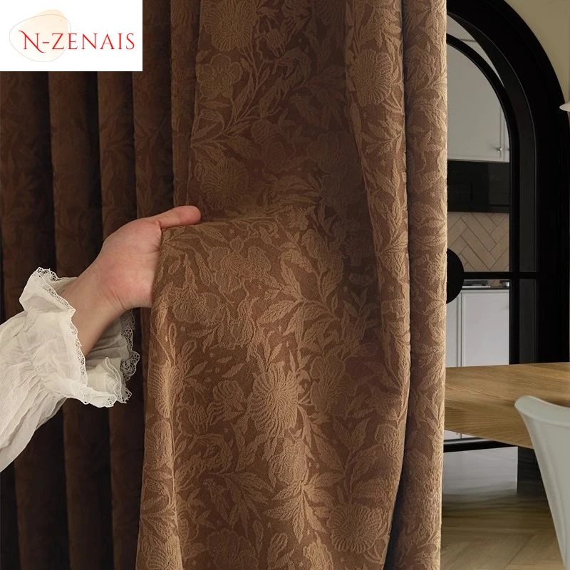 

Rose Vintage French Maillard Brown Medieval Chenille Shade Curtains for Living Dining Room Bedroom Decor Elegant Custom Size