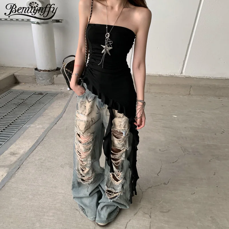 

Benuynffy American Vintage Loose Ripped Wide-leg Jeans Women's Korean Fashion High Waist Y2K Streetwear Washed Straight Jeans