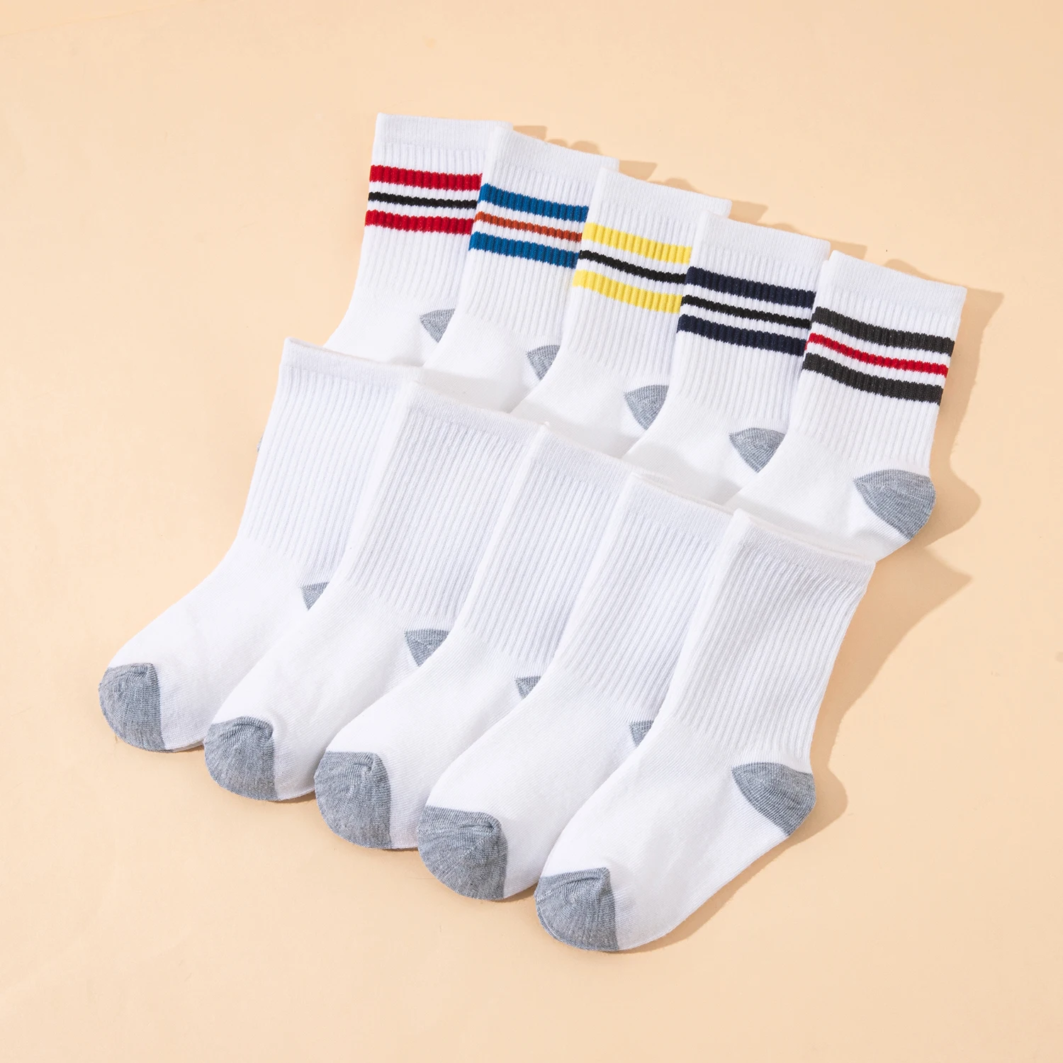 10 Pares de Calcetines Deportivos para Niños, Diseño Clásico a Rayas y con Bloques de Color, Ideales para Estudiantes para Regresar a la Escuela
