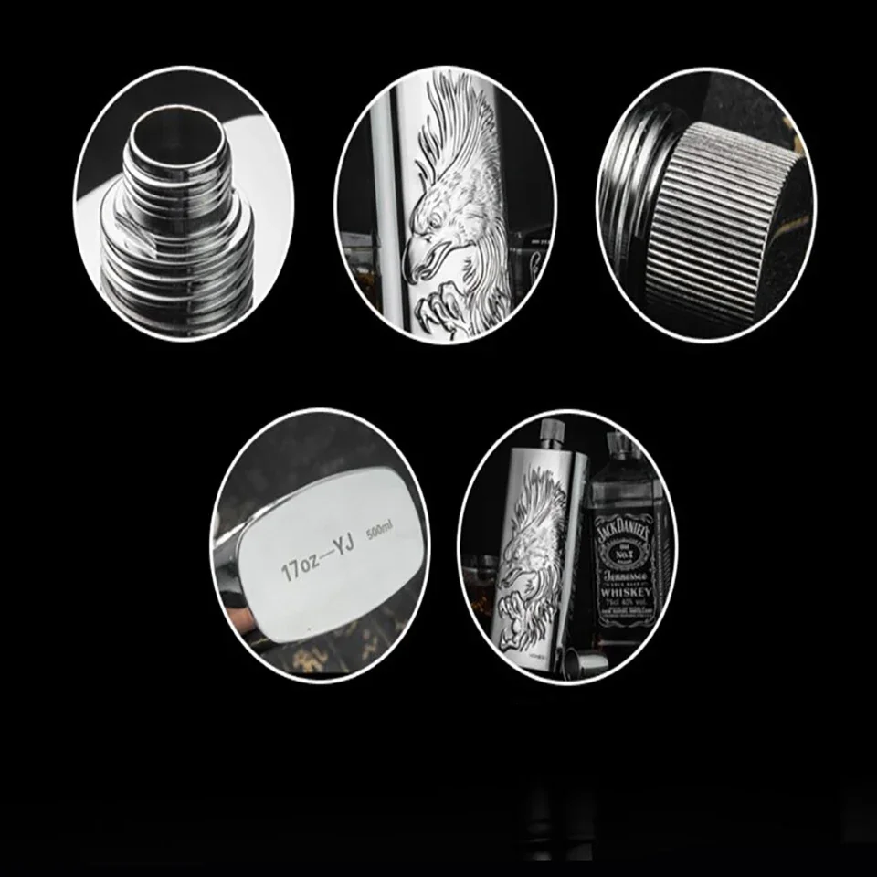 17 Oz Flagon Eagle Pattern Whiskey Wine Pot Flask Stainless Steel Hip Flask Liquor Alcohol Cap Travel Drinkware with Gift Box