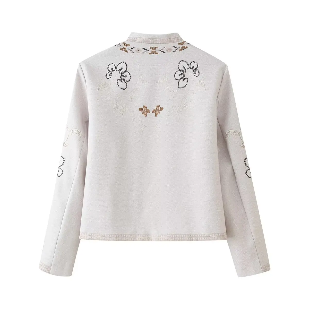 2026 Spring Autumn Women's Elegant Floral Print Cropped Short Blazer Lady Vintage Chic Mandarin Collar Loose Long Sleeve Jacket