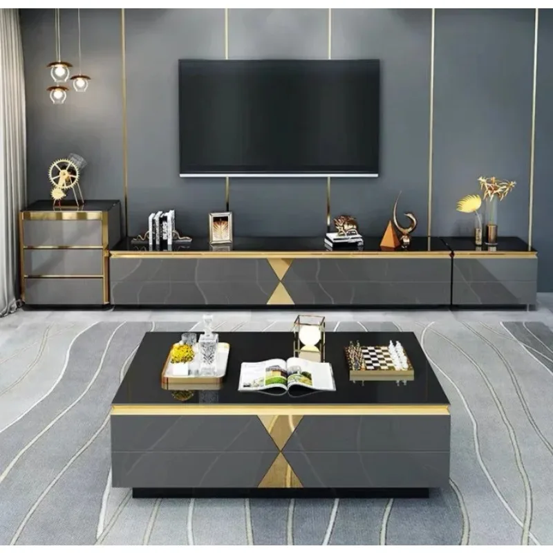 Luxury Modern Living Room Furniture Tempered Glass Top TV Stand And Coffee Table Set For Home Hotel