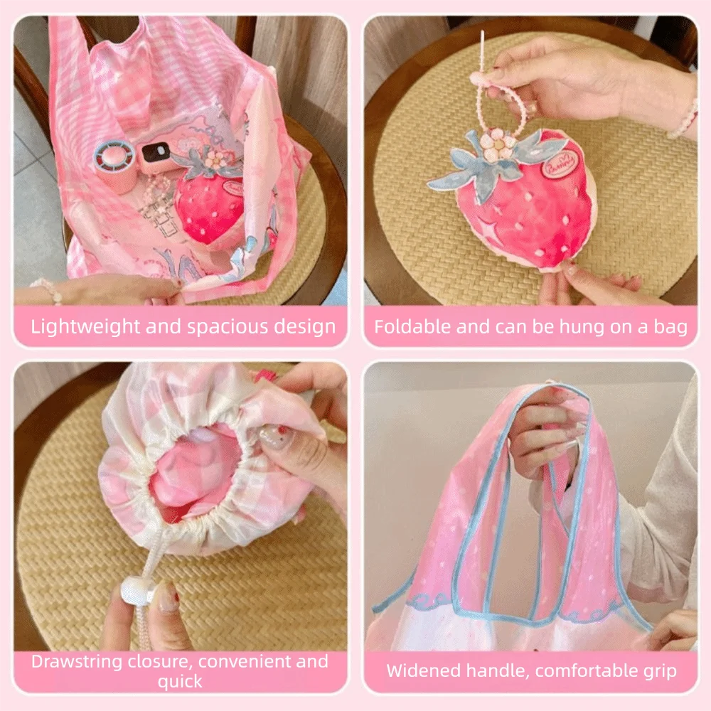 Kawaii Foldable Keychain Bag Fruit Shape Sweet Girls Cartoon Shopping Bag Pendant Portable Strawberry Shopping Bag Keychain