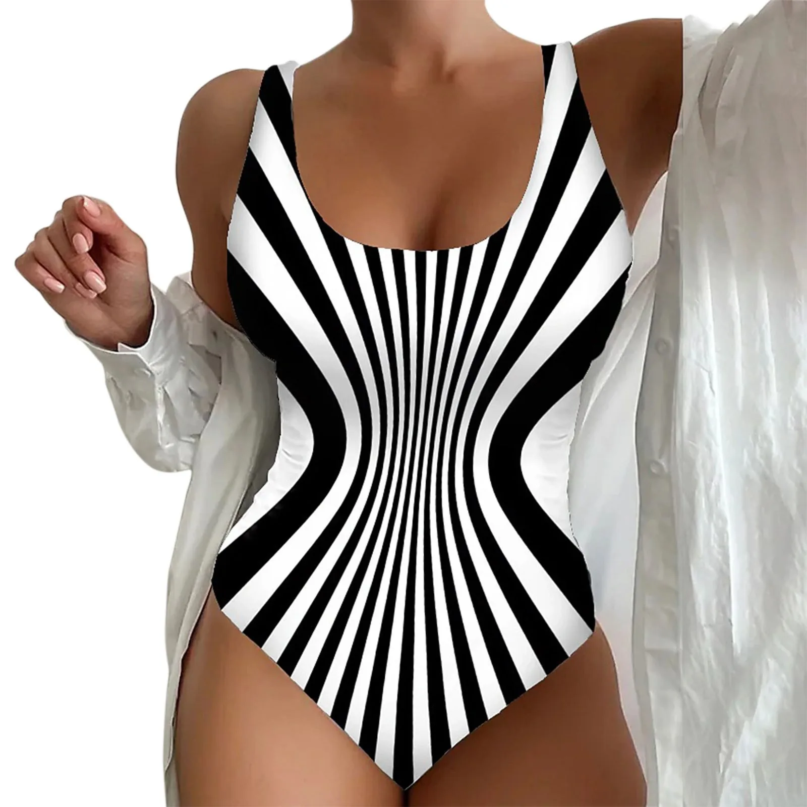 One Piece Swimsuit for Women Square Neck Retro Striped Swimsuit Female Backless Beachwear Bathers Swim Bodysuit Summer S-6XL