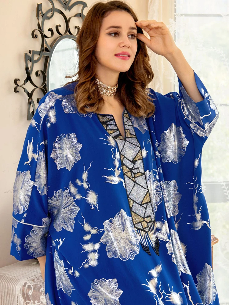 Floral Stamping Moroccan Kaftan Beading Fringe Dubai Kuwaiti Jalabiya Women Party Evening Arabic Dress Batwing Sleeves Muslim