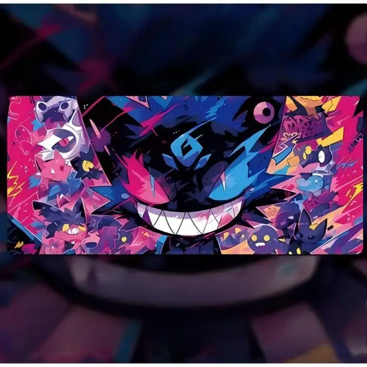 Anime Gengar  Desk Mat, Neon Splash & Split Pikachu-Gengar Print Anti-slip Gaming Mousepad Lock Edge Keyboard Table Decor ****