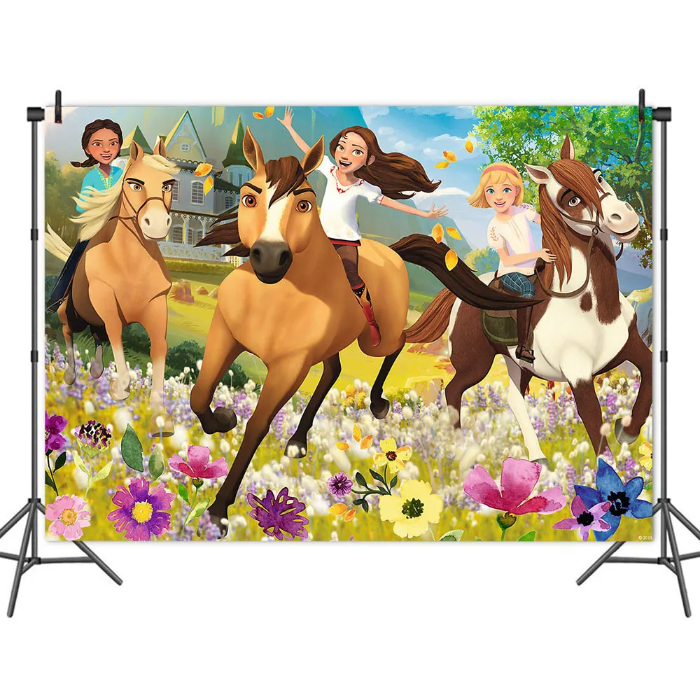 Spirit Horse Flowers Party Theme Photography Background Riding Boys or Girl Kids Birthday Dinner Table Backdrops Studio Video