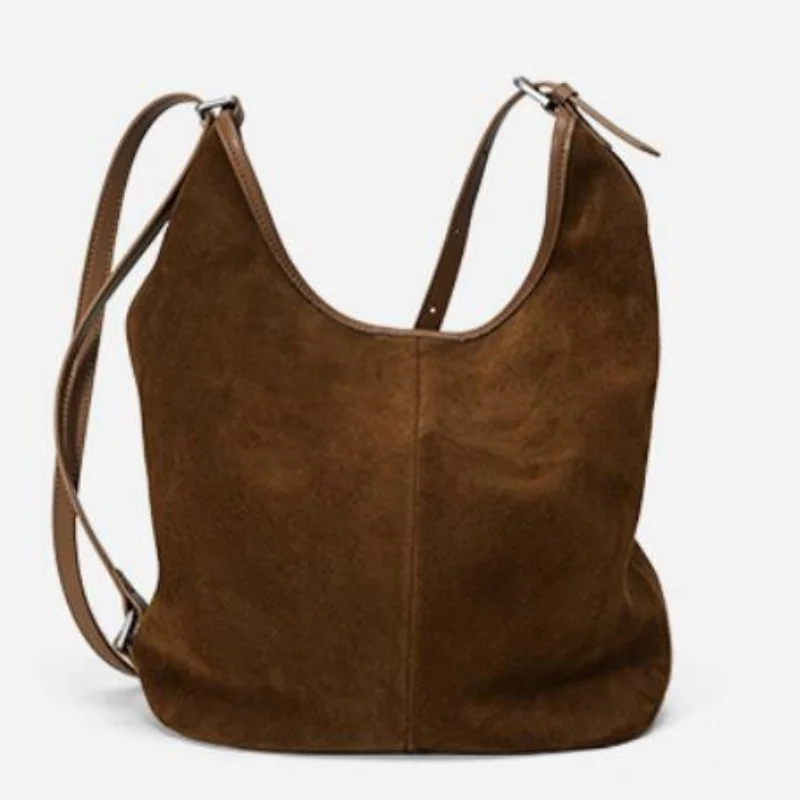 Suede Cow Leather Bucket Shoulder Bag for Ladies Vintage Pure Color Commuting Bags Versatile Genuine Leather Messenger Bag