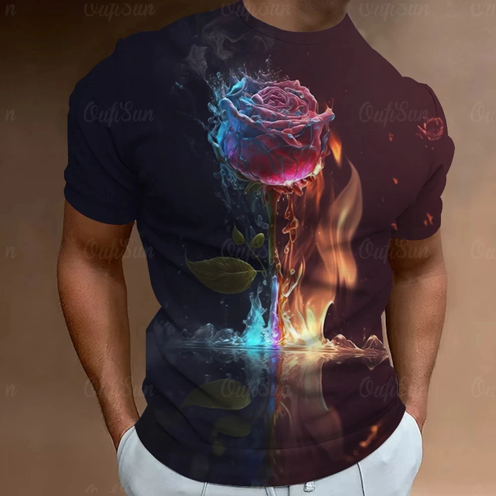 Dark Rose Print 3D Polyester Fire Flower Shirt Good Quailty Designed Artist Favorite Tough Guy Tenderness Men Unisex Top Wear