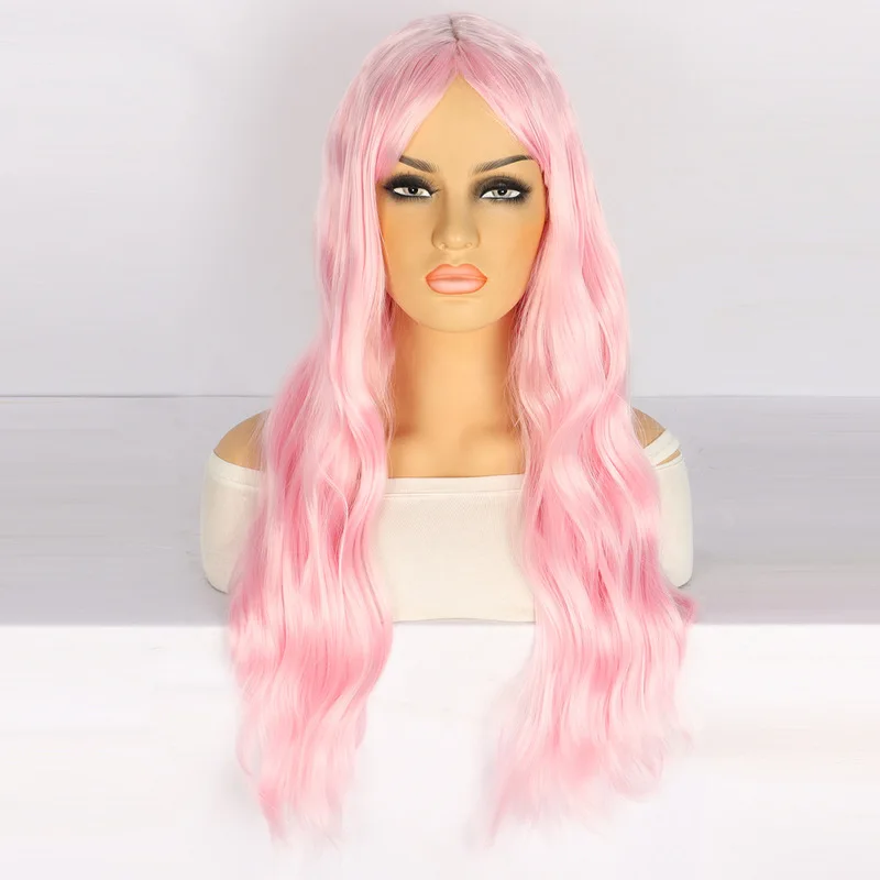 Wig for European and American women, synthetic fiber, pink, middle-parted, wavy bangs, long curly hair, high-temperature fiber - view 6