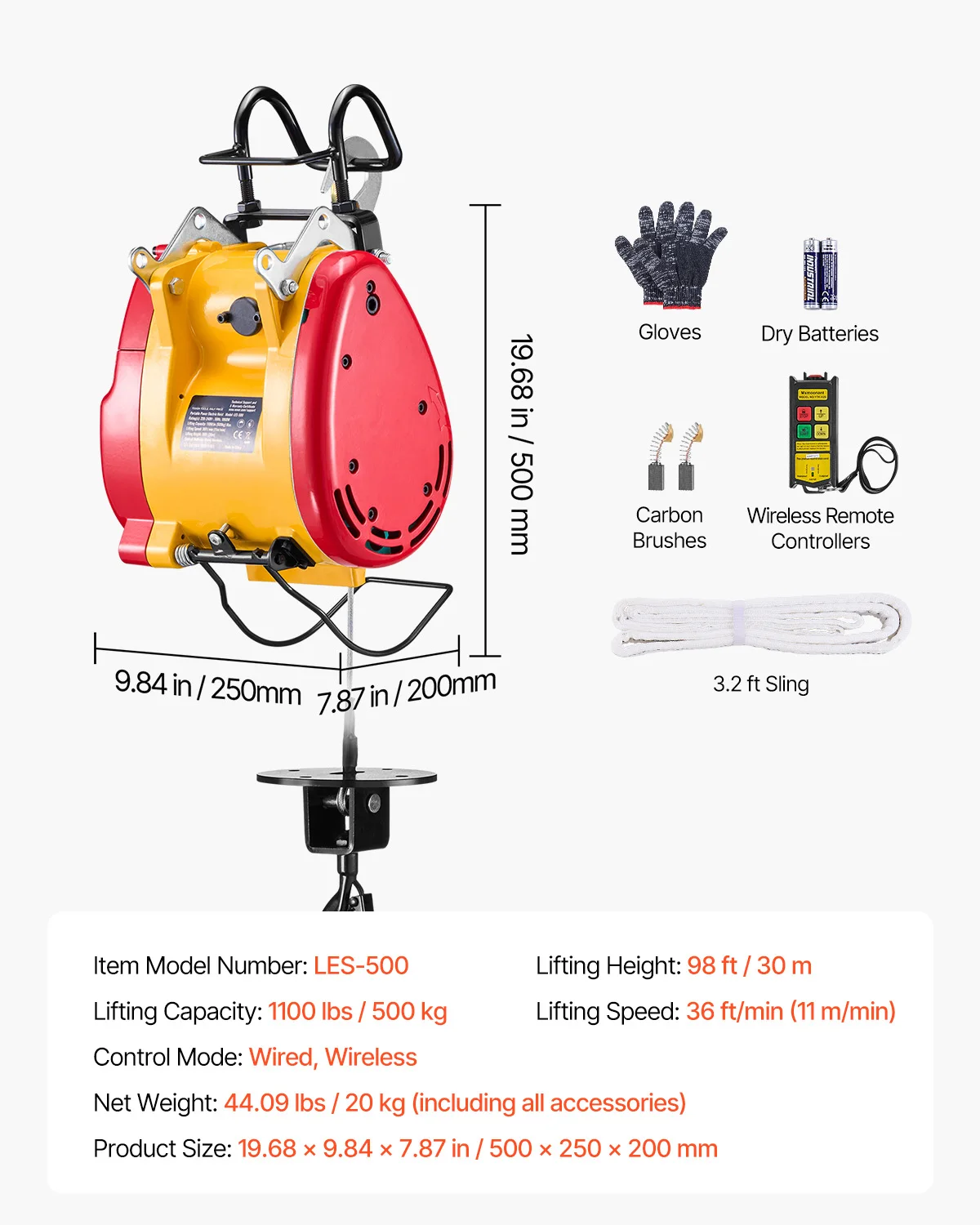 SucceBuy 2-in-1 elektrische takel 1100 lbs 1800 W bedrade/draadloze draagbare krachtige lier 98 ft hefhoogte voor garagegabrieksslepen