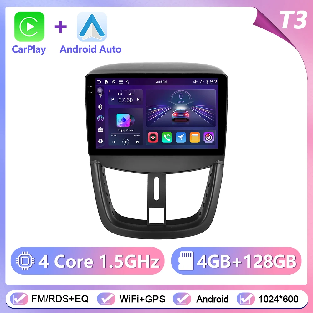 Podofo draadloze CarPlay Android Auto autoradio voor Peugeot 207 2009-2013 GPS navigatie 2Din multimediasysteem autoradio stereo