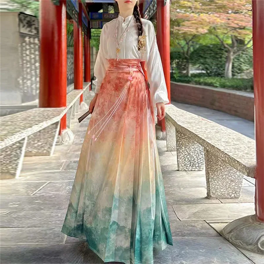 Hanfu Horse Face Skirt Chinese Hanfu Blouse + Red Blue Ma Mian Skirt Chinese Clothes Women Modern Ming Hanfu COscos