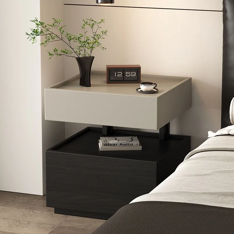 Modern Wooden Bedside Table with Hidden Secret Compartment 2 Drawer Storage Bedroom Black Walnut Color Hotel Floating Design