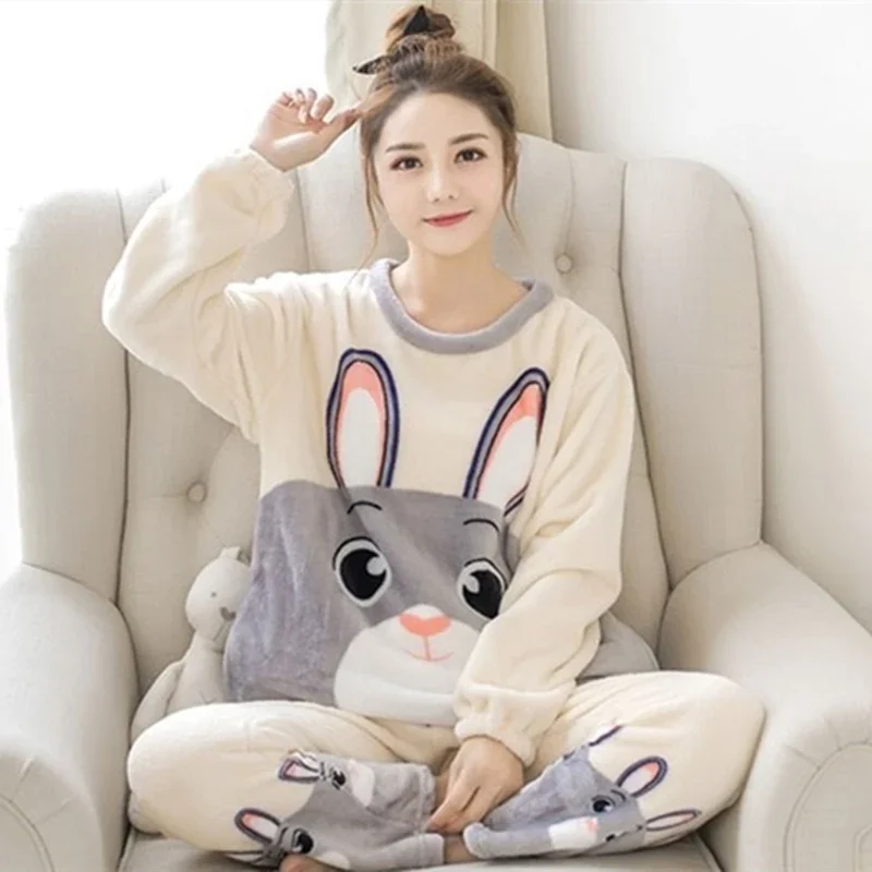 Autumn Winter Warm Flannel Women Pijama Sets Thick Coral Velvet Long Sleeve Cute cartoon Sleepwear Set Thin Flannel Pajamas Set