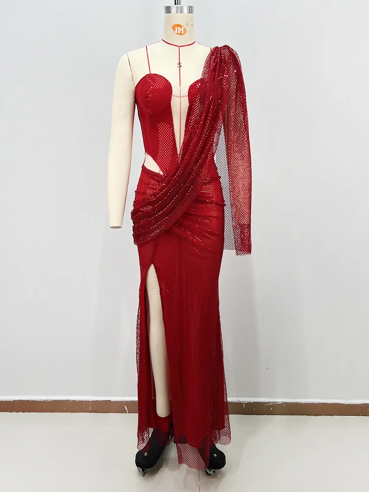 Cocktail Party Chic Red Sequin One-Shoulder Evening Gown with Cutout & High Slit Fashion Sexy Maxi Dress
