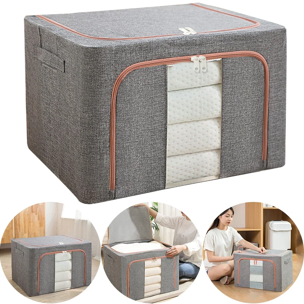 Stackable Storage Bag Linen Foldable Clothes Storage Box with Zipper Quilt Blanket Closet Clothing Organizer for Duvets Clothes