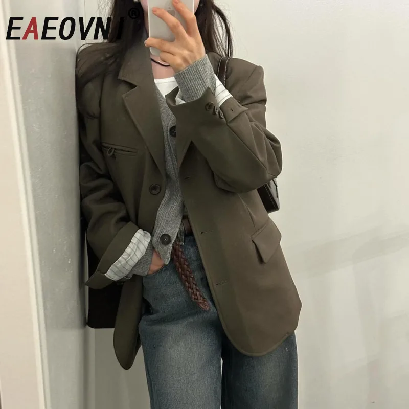 

EAEOVNI модный женский пиджак, пальто с зубчатым воротником и длинными рукавами на пуговицах, однотонная офисная женская осенняя куртка, новая одежда