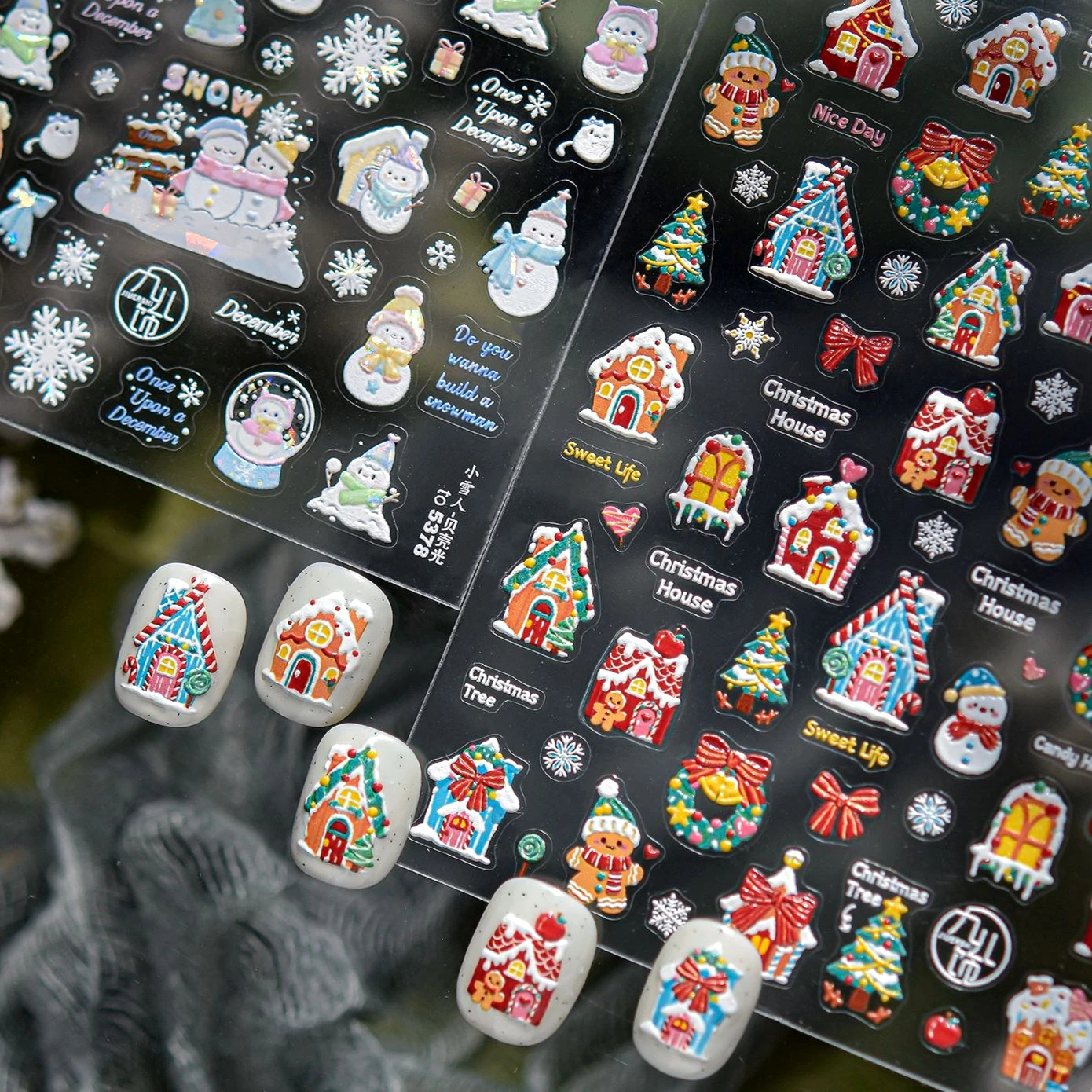 Flocos de neve de inverno boneco de neve estrela árvore de natal grinalda casa pão de gengibre bowknot papai noel bola de cristal arte do prego adesivos decalques