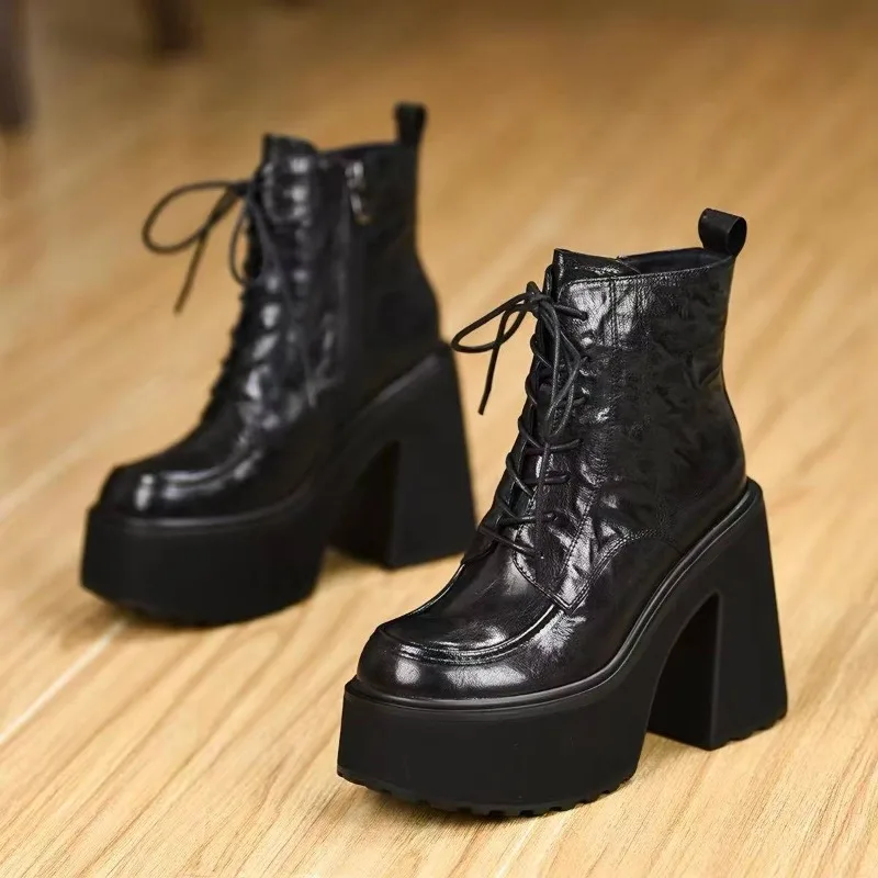 Platform Comfortable Soft Leather Booties New Round Toe Lace-Up Front Super High Heel All-match Women's Shoes - view 2