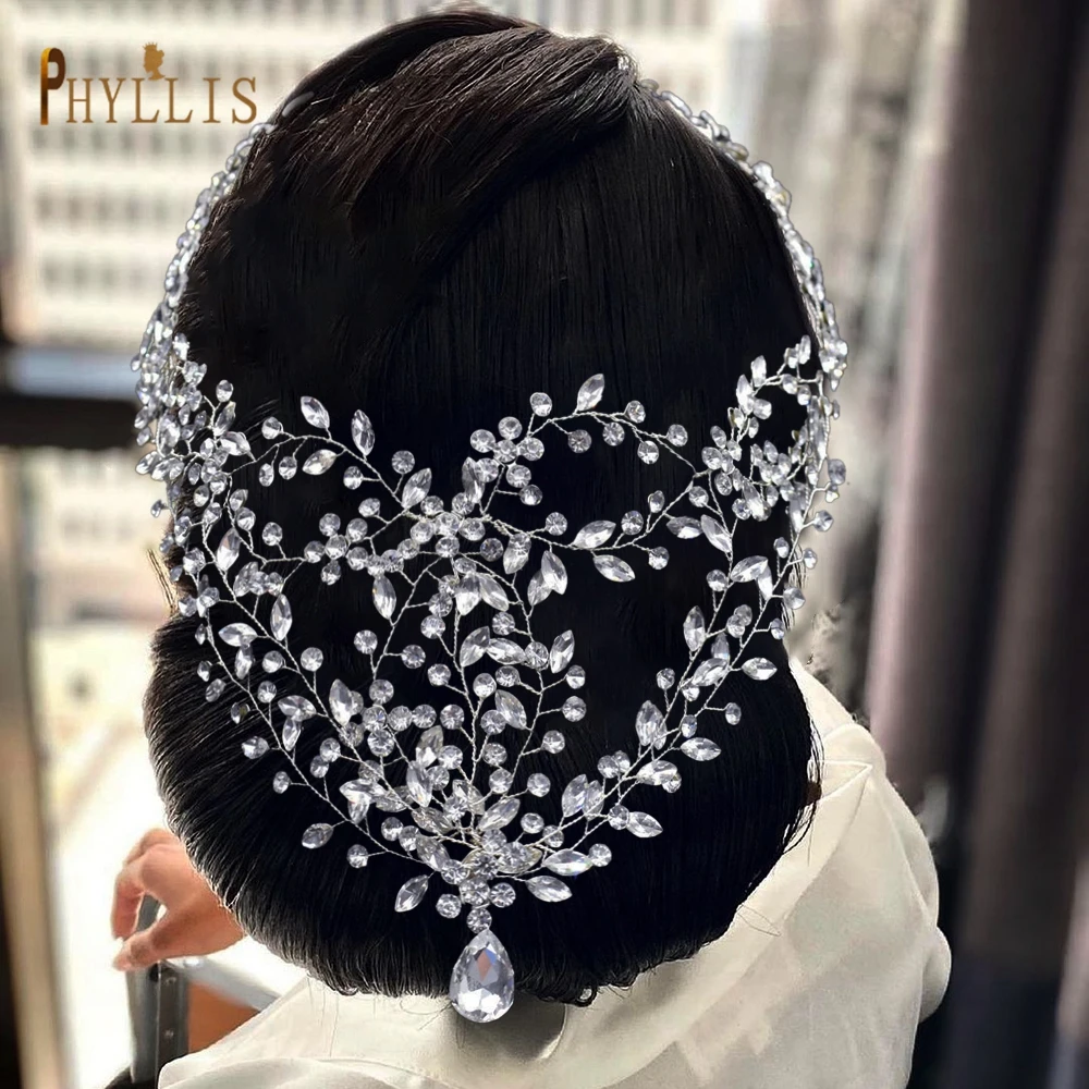 A489 Zilver Bruids Hoofddeksel Kristal Voorhoofd Hoofdband Ketting Haar Sieraden Voor Vrouwen Strass Tiara Bruiloft Haar Accessoires