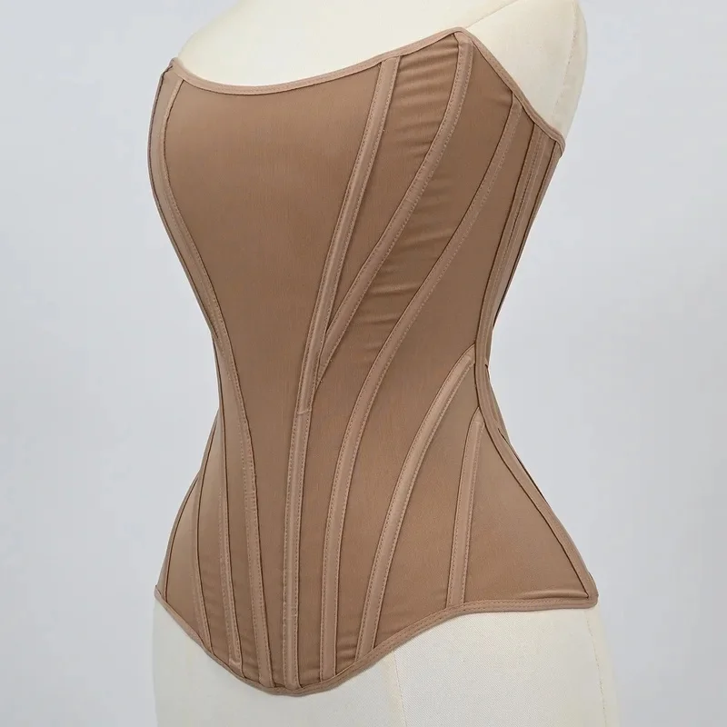 XXS Lightweight Luxury Elegant Long Torso Nude Beige Strapless Mesh Overbust Corset Bustier Top With Zipper Boned Curve Women view 3