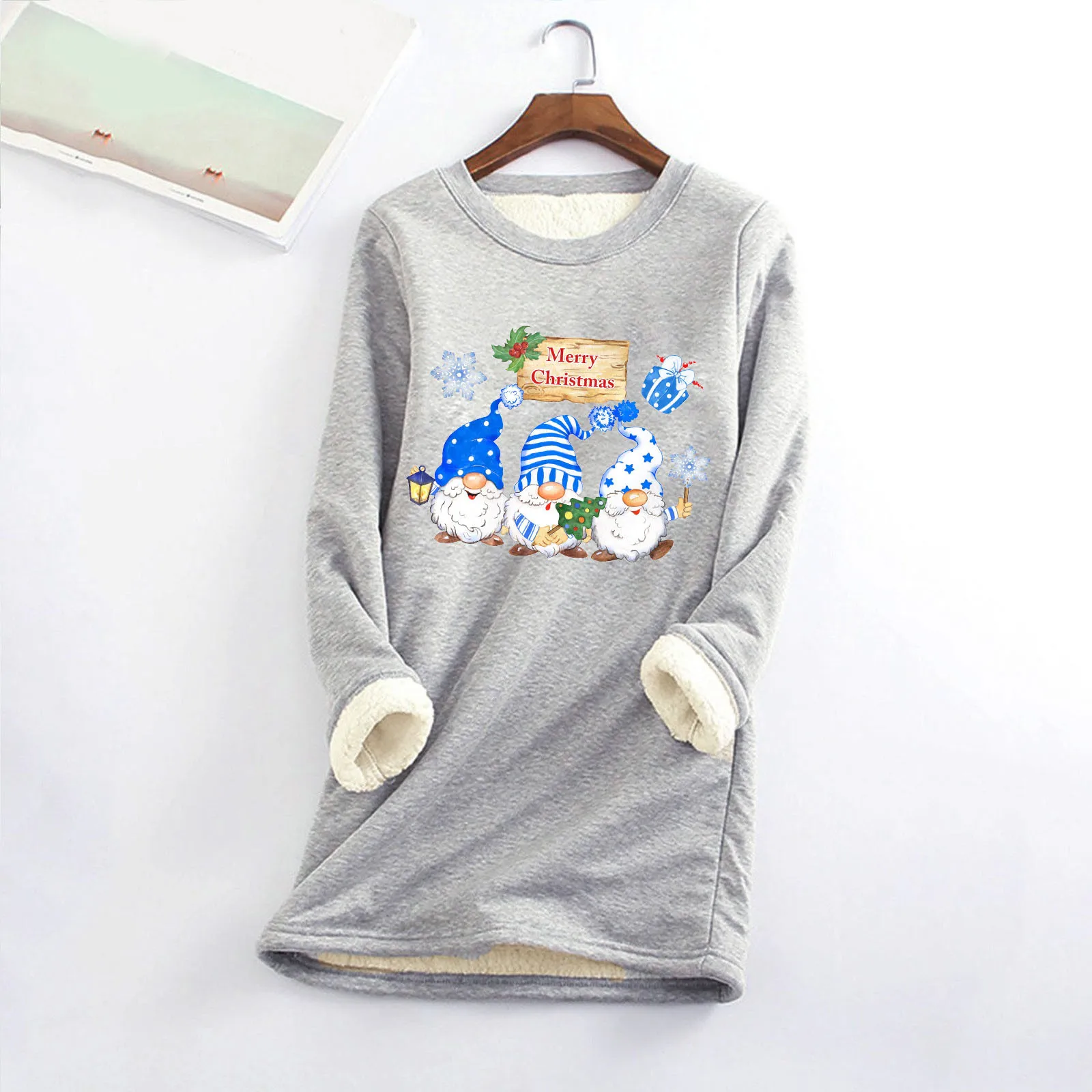 Female Christmas Printed Hooded less Pullover Sweatshirt Autumn Winter Casual Loose Long Plus Velvet Hoodies Women Streetwear