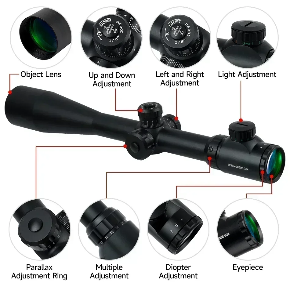 Imagem -03 - Scopes Sniper Óptica Ajustável Sfp 1040x50 Tático Roda Lateral Parallax Riflescope Caça Colimador Visão para 11 mm Montagem de 20 mm