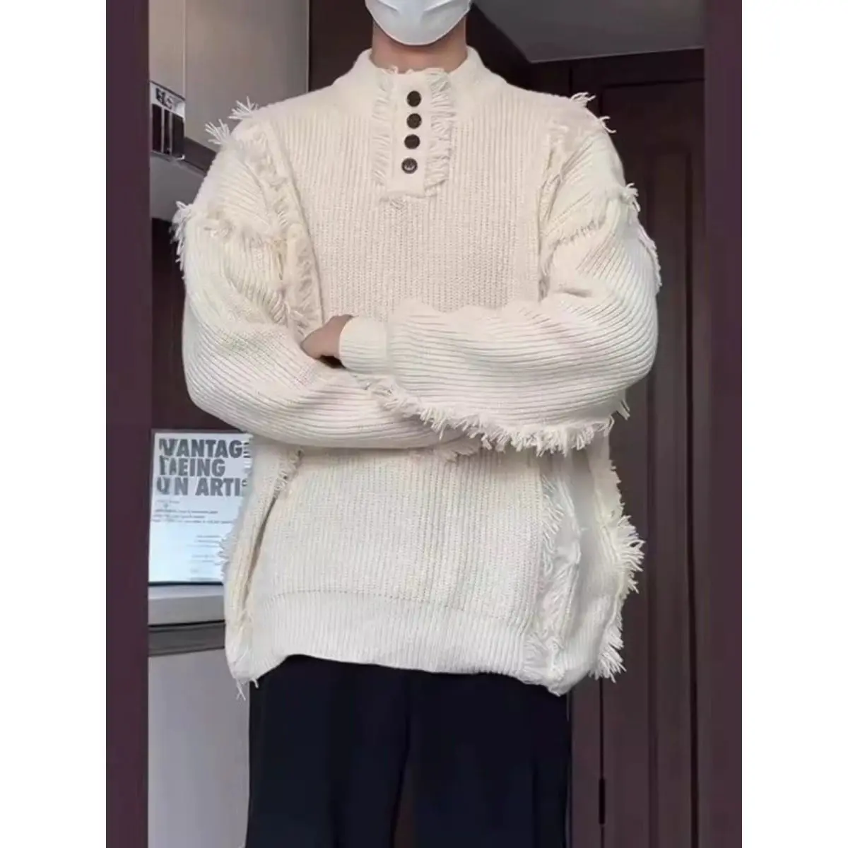 

Мужские пуловеры оверсайз с меховым воротником и принтом в американском стиле, для города, с регулируемой посадкой, эластичные, для работы