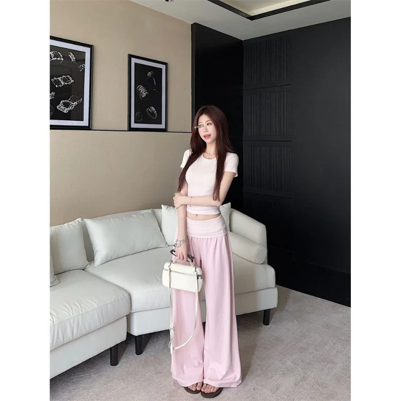 Korean-style Sweet Solid Round Neck Top Women Cropped Slimming Fitted Short-sleeve T-shirt + High-waisted Slimming Casual Pants