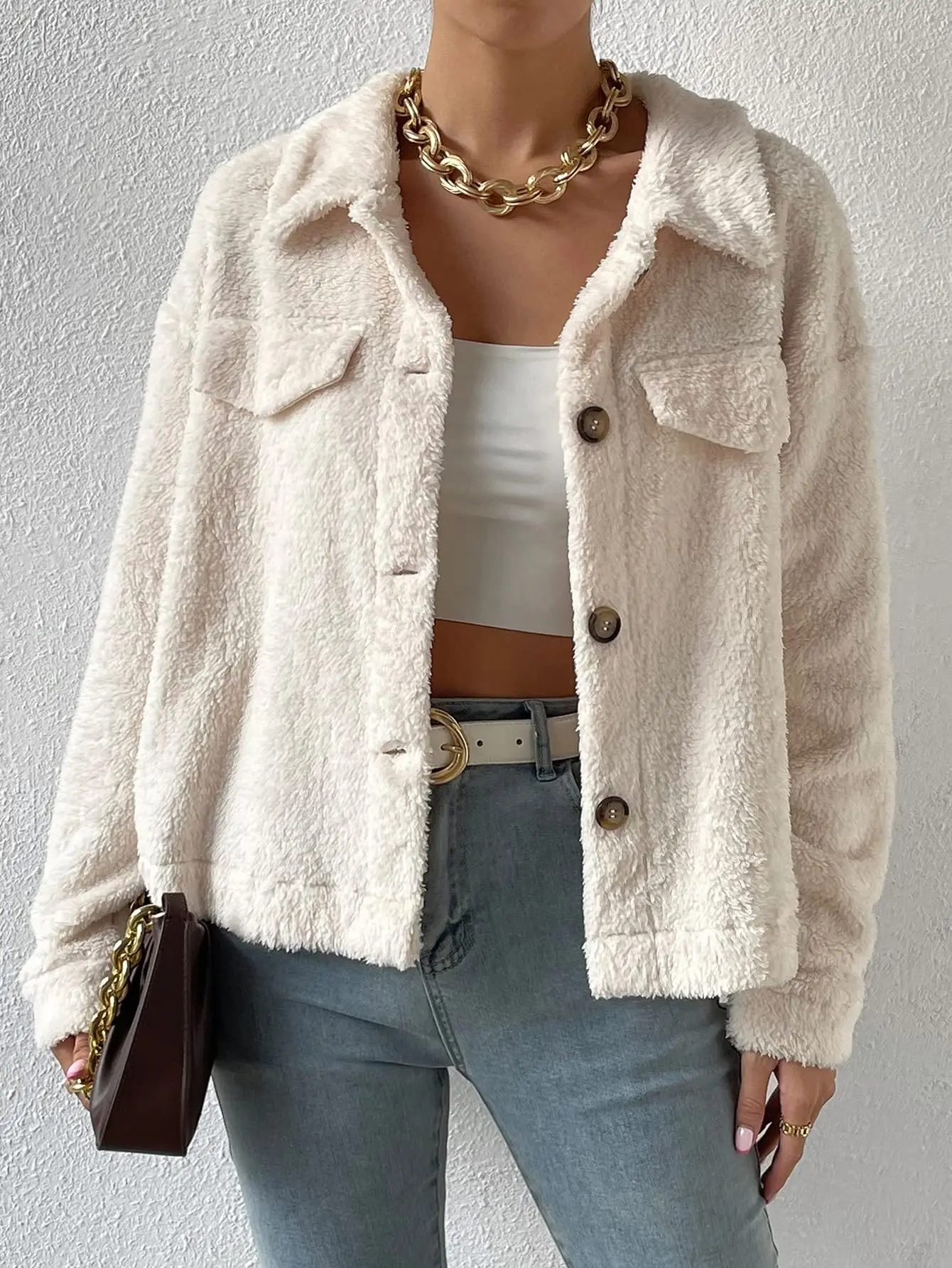 

Women's Fall/Winter Flap Detail Low Shoulder Teddy Jacket