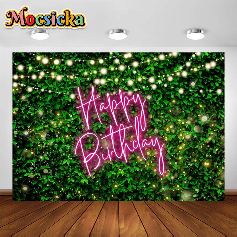 Mocsicka Green Leaves Happy Birthday Photography Backdrop Printed Bright Yellow Pink Party Decor Background Photo Studio Props