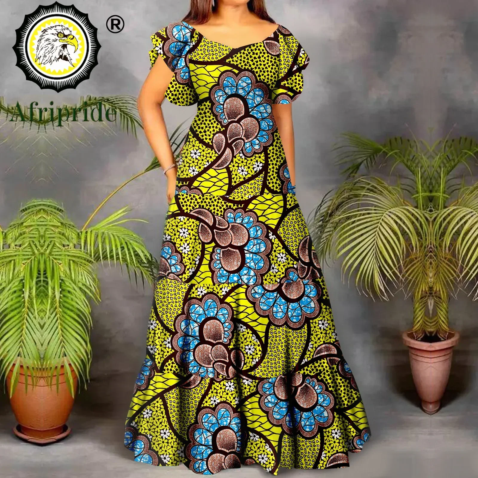 African Dresses for Women Short Sleeve High Waist Dashiki Outfits Ankara Print Attire Maxi Dress Party Wedding Evening A2225021