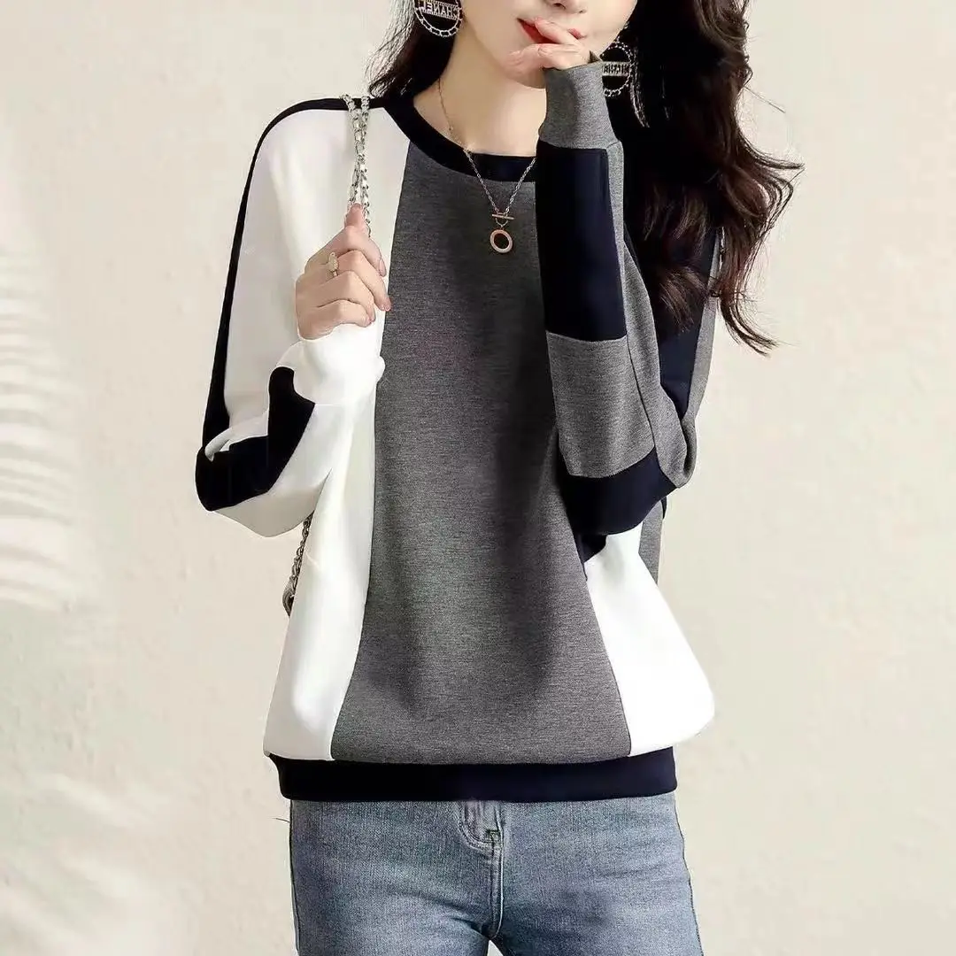 Women Early Autumn New Round Neck Pullover Fashion Retro Contrasting Splicing Fleece Warm Casual and Versatile Long Sleeved Tops