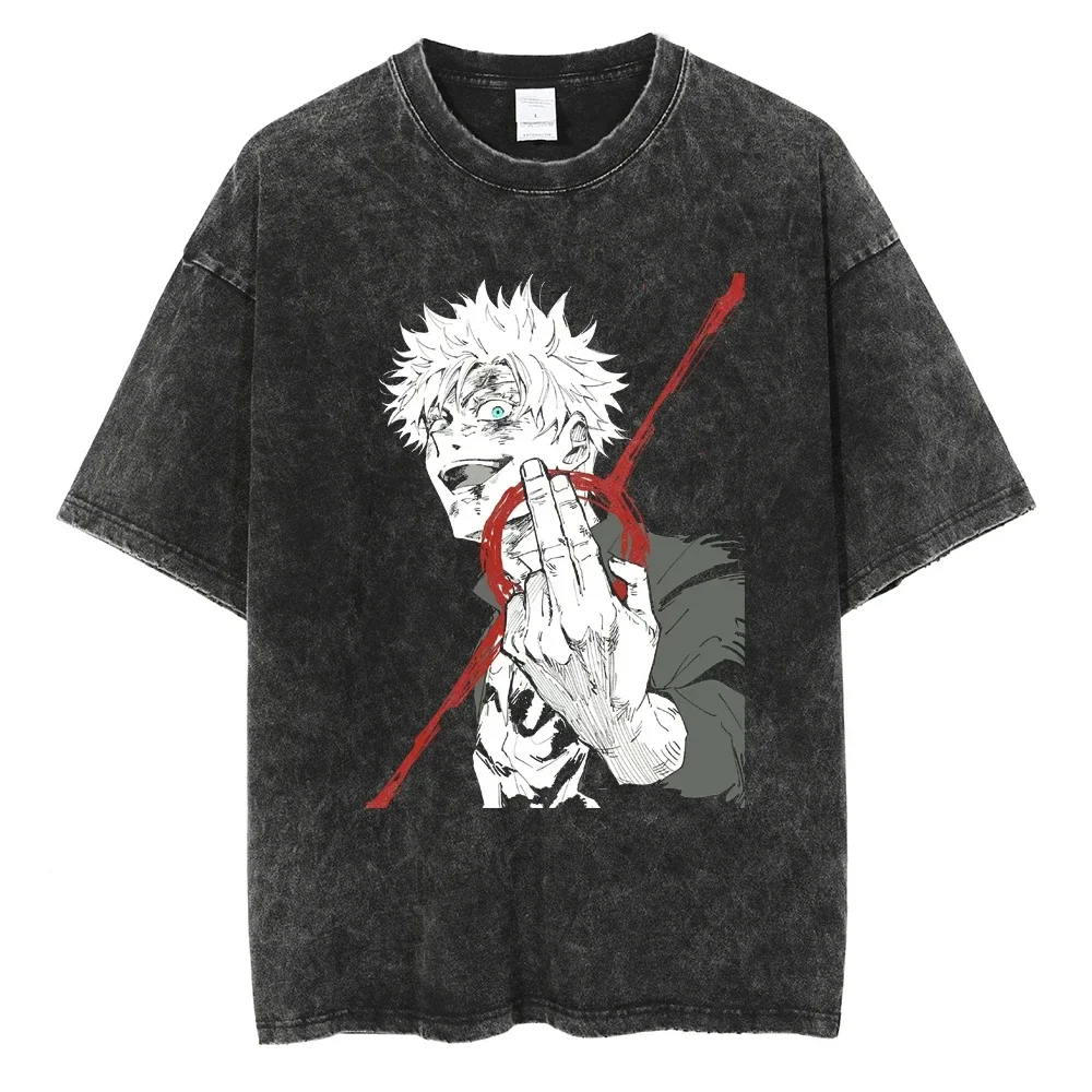 Fashion Vintage Japanese Anime Graphic Print Oversize T-Shirt Men Washed Tshirt Summer Hip Hop Streetwear Harajuku Cotton Tees