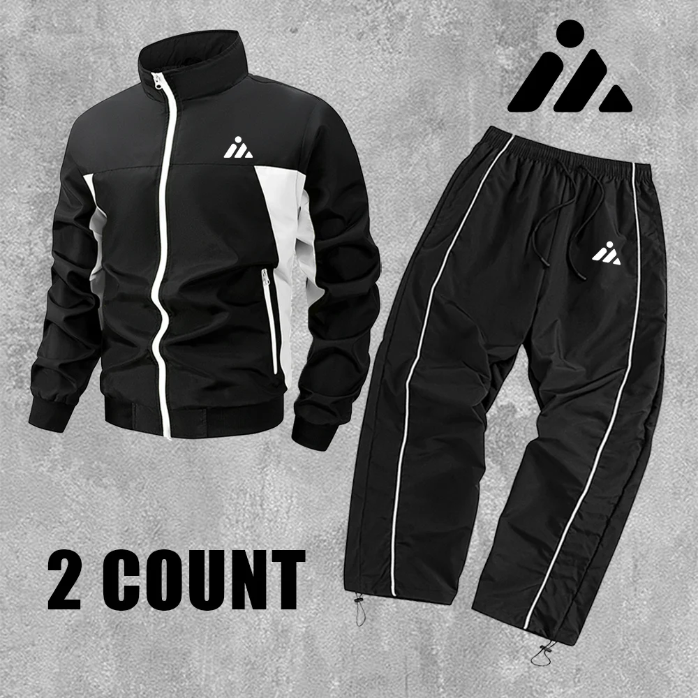 Conjunto de 2 piezas de chaqueta y pantalones con cuello alto para hombre, con estampado de icono triangular, traje deportivo casual para actividades al aire libre, fitness y correr a diario.