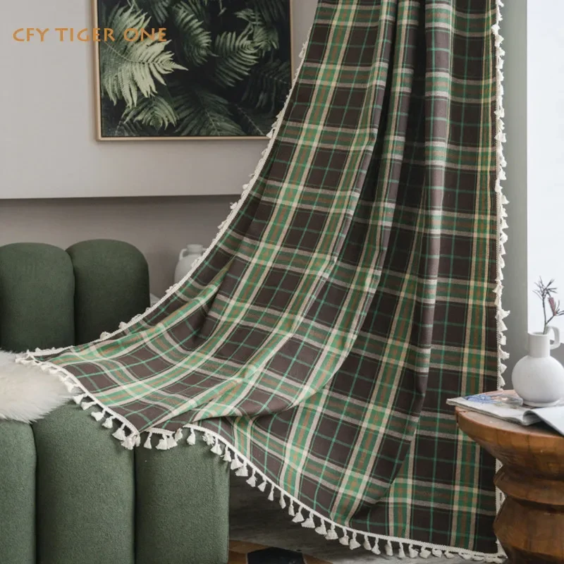 

Cotton Linen American Christmas Green Plaid Window Curtain Blackout Valance for The Luxury Living Room Curtains for Living Room