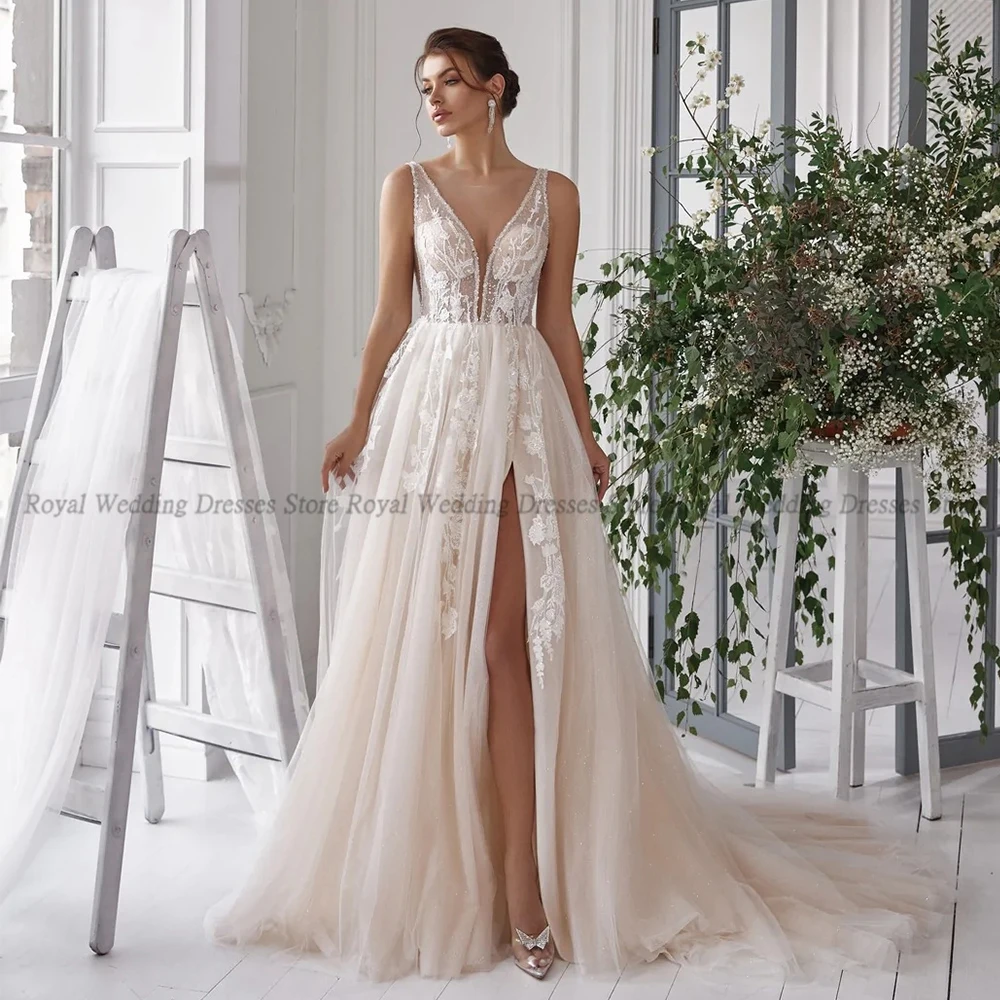 RANMO Fashion A Line Wedding Dresses Tulle V Neck High Slit Handmade Flower Applique V Neck 2022 Floor Length Gowns Robe De Ma