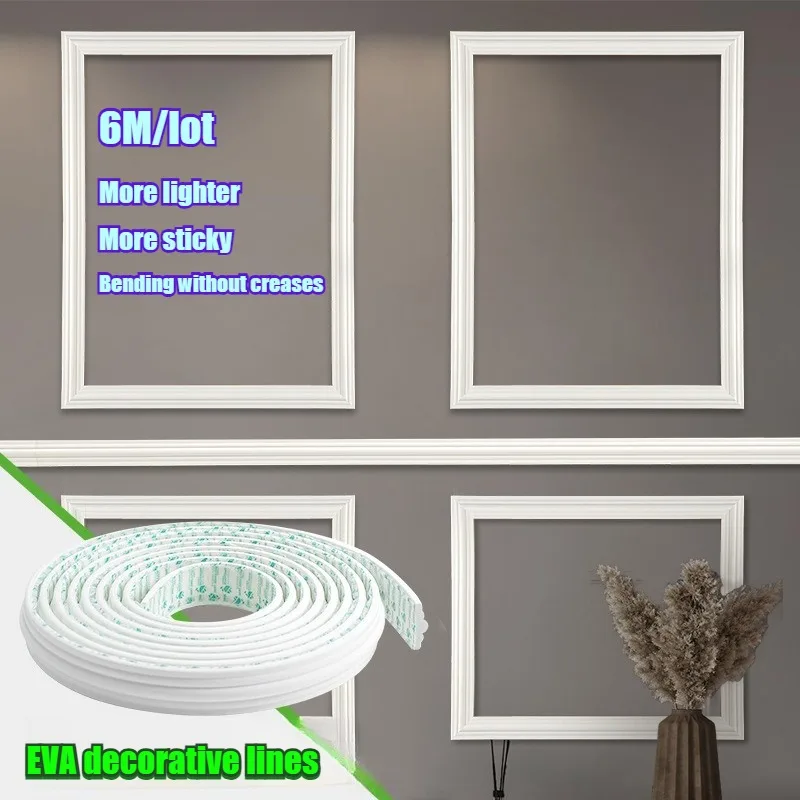 6M Flexible EVA Decorative Line Self-Adhesive Wall Molding Trim Waterproof Peel and Stick Skirting Border for Bedroom LivingRoom